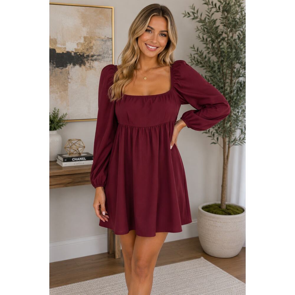 Exlura Burgundy Puff Sleeve Babydoll Mini Dress – Size Small